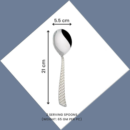 2 Pieces Stainless Steel Premium Serving Spoon Set, 21 cm, Silver, Checks Design