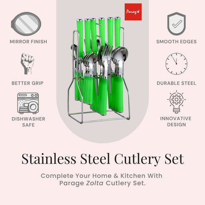 25 Pcs Stainless Steel Cutlery Set with Stand for Kitchen & Dining | Green