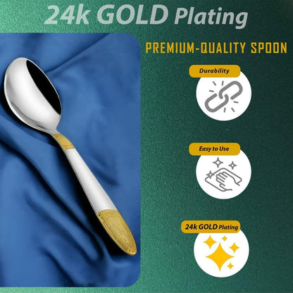 6 Pcs Stainless Steel 24K Gold Dinner Spoon Set – 16cm, Premium Spoons for Home & Kitchen, Luxury Tableware, Housewarming Gift, Ivory Design