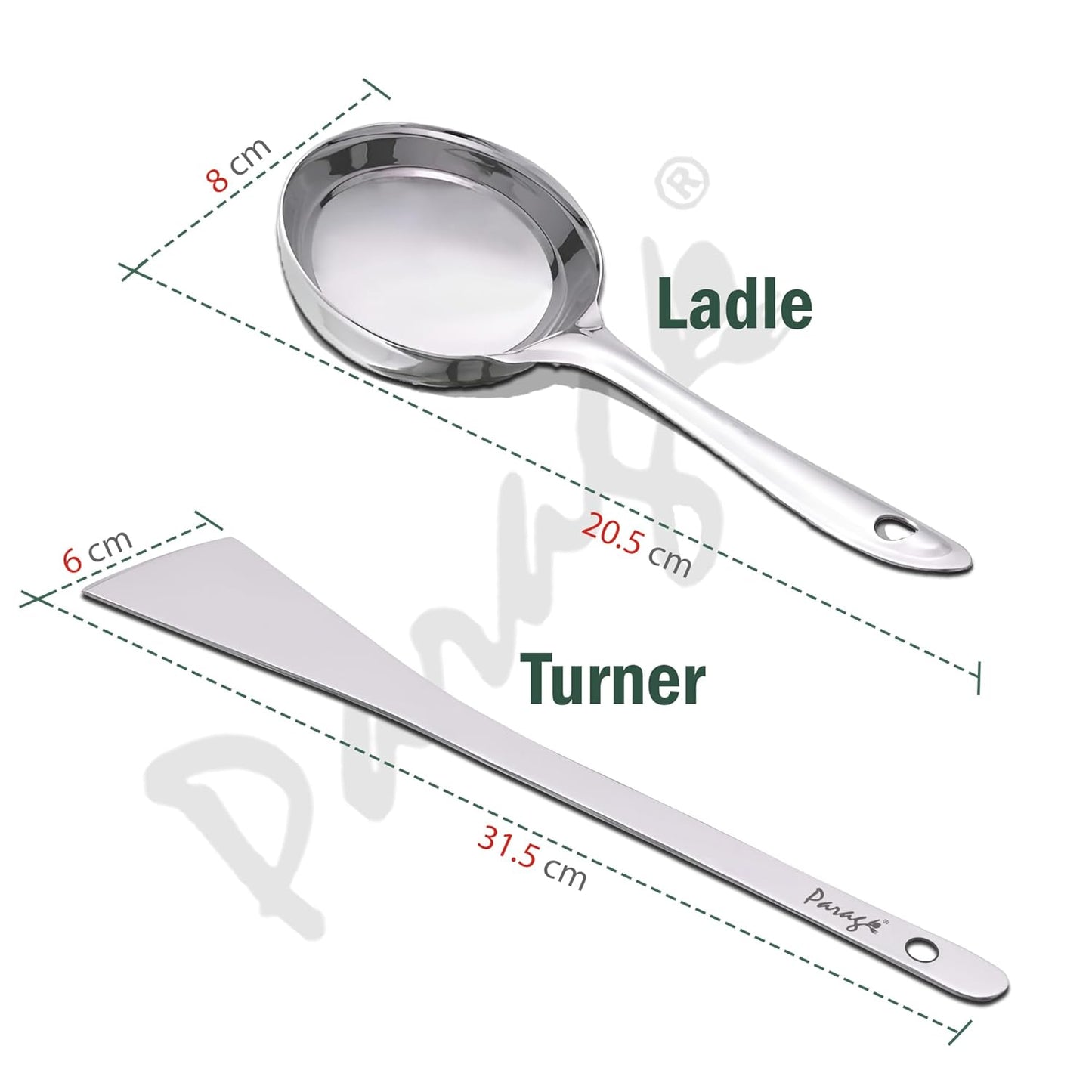 2 Pieces Stainless Steel Dosa Ladle & Turner, 20.5 cm & 31.5 cm – Heavy Gauge Kitchen Tools with Flat Base Spatula for Cooking, Silver Finish