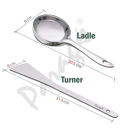 2 Pieces Stainless Steel Dosa Ladle & Turner, 20.5 cm & 31.5 cm – Heavy Gauge Kitchen Tools with Flat Base Spatula for Cooking, Silver Finish