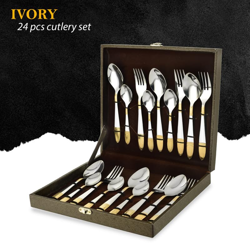 18pc Stainless Steel Golden Cutlery | Gift Box | Ivory Design