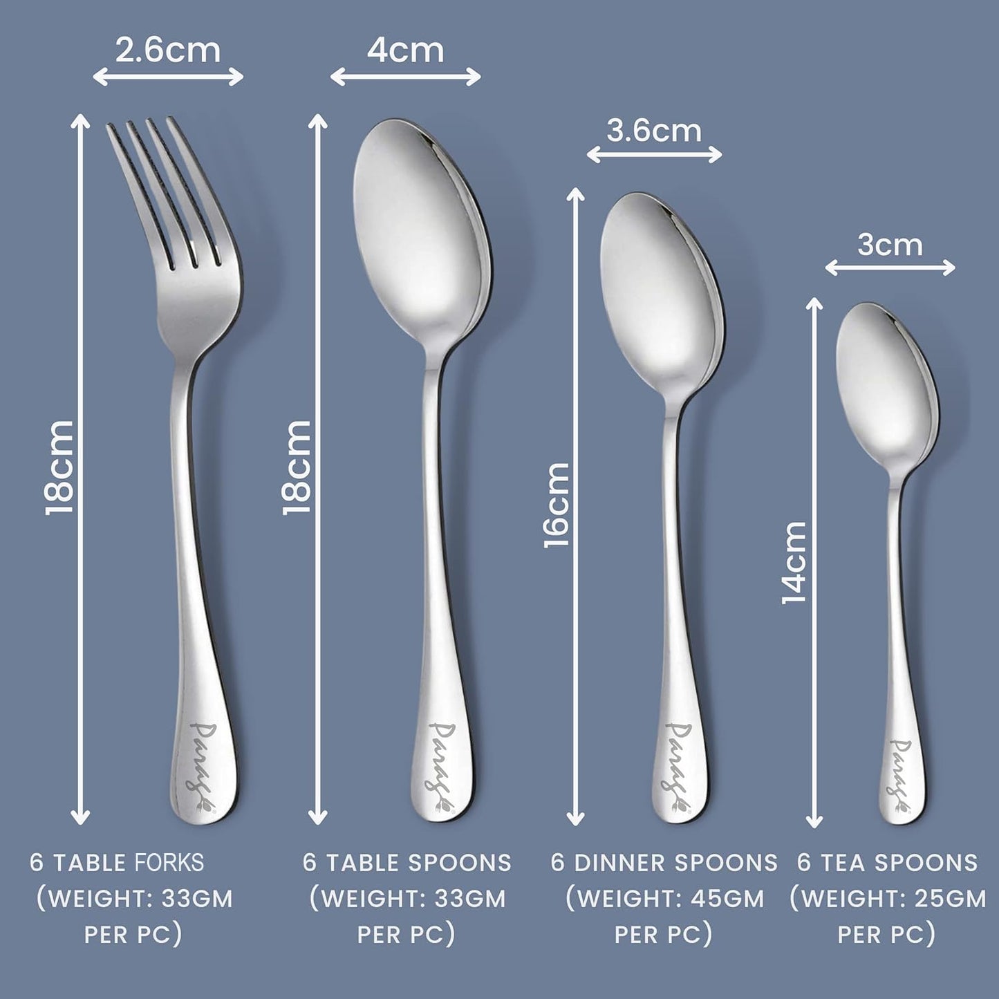 24 Pieces Stainless Steel Cutlery Set for Home & Kitchen – Includes 6 Table Spoons, 6 Forks, 6 Tea Spoons, 6 Dinner Spoons, Luxury Dining Tableware, Silver Finish