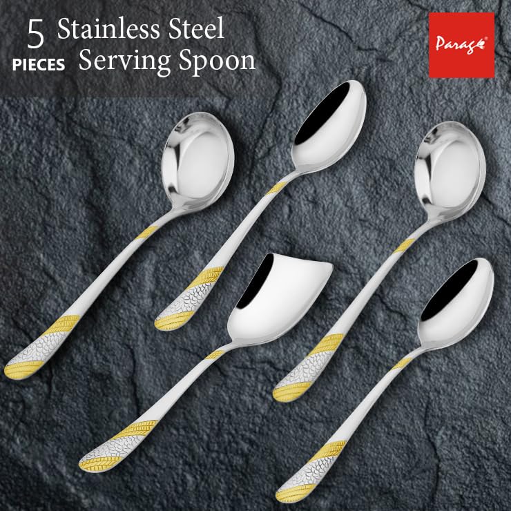 5 Pcs Stainless Steel Gold Serving Spoon Set for Kitchen & Dining – 1.8mm Heavy Gauge, 2 Soup Ladles, 2 Solid & 1 Rice Spoon, 24K Gold (Pack of 5)