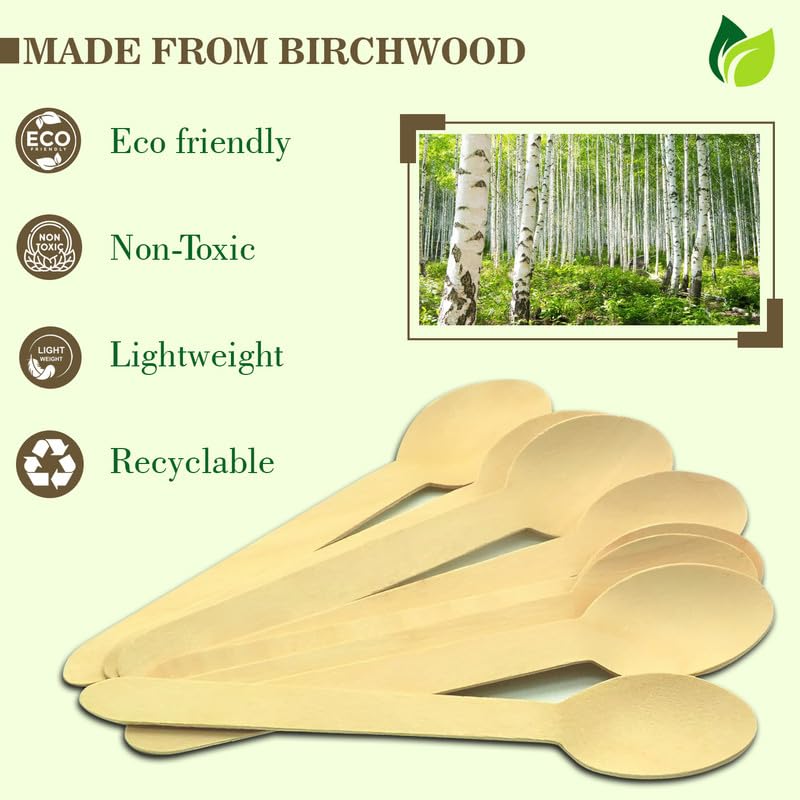 100 Pack 160mm Disposable Wooden Spoons – Eco-Friendly, Biodegradable & Compostable Cutlery, Ideal for Birthday, Wedding & Party