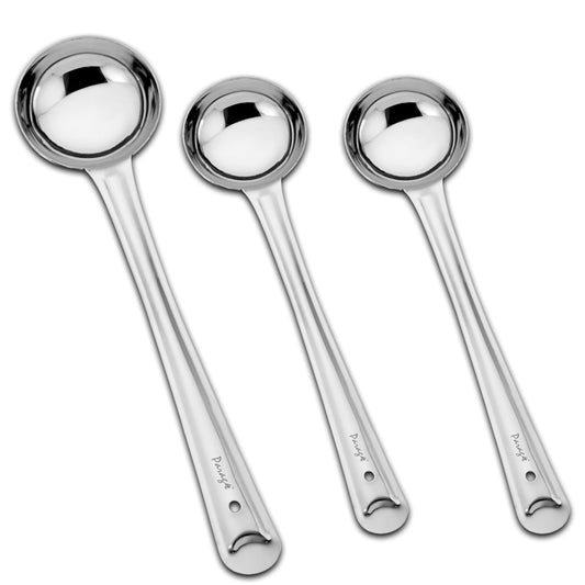 3 Pcs Stainless Steel Ladle Set for Kitchen Cooking & Serving – Karchi/Soup Ladle/Kalchun, Silver, Sizes 12.5” x1 & 11” x2