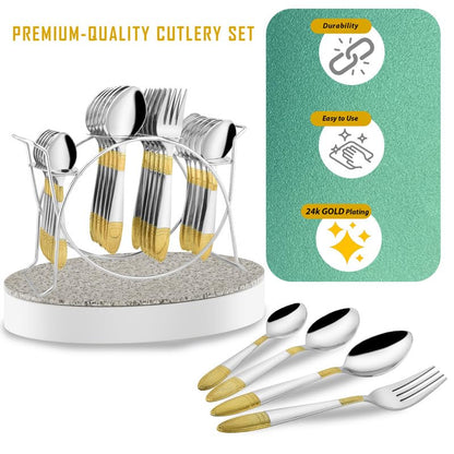 25 Pieces Ivory Gold Stainless Steel Cutlery Set with Stand, 24K Gold Plated Spoons & Forks, Elegant Dining Set (Ivory)
