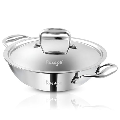 Tripure Triply Stainless Steel Kadai with Lid 28 cm, 4 Litre | Heavy Bottom Kadhai for Deep Frying & Cooking | Induction & Gas Stove Compatible (5 Years Warranty)