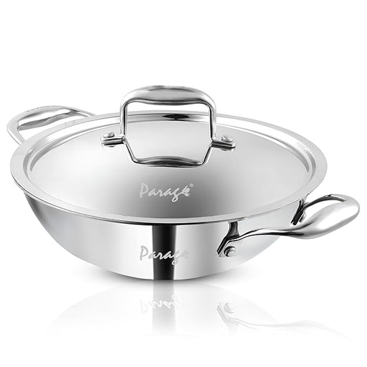 Tripure Triply Stainless Steel Kadai with Lid 28 cm, 4 Litre | Heavy Bottom Kadhai for Deep Frying & Cooking | Induction & Gas Stove Compatible (5 Years Warranty)
