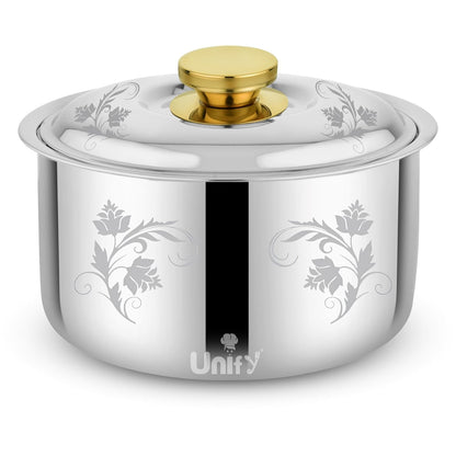 Stelo Stainless Steel Insulated Casserole 2200ml | Floral Design Hot Pot | PVD Gold Handle, Silver
