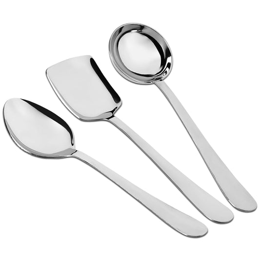 3 Pcs Stainless Steel Serving Spoon Set for Kitchen & Dining – 1.8mm Heavy Gauge, Soup Ladle, Solid & Rice Spoons, Silver (Pack of 3)