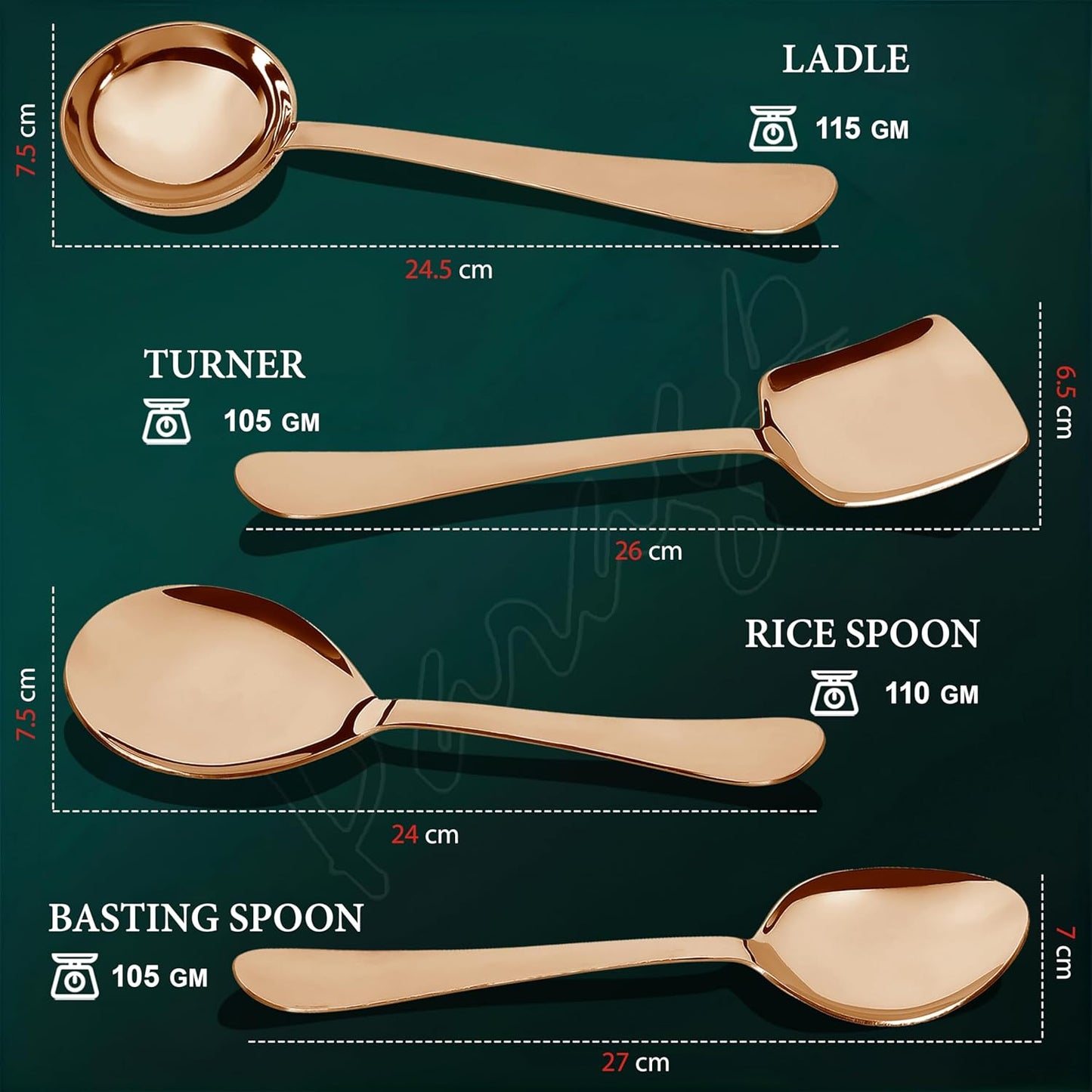4 Pcs Stainless Steel Rose Gold Serving Spoon Set for Kitchen & Dining – 1.8mm Heavy Gauge, Soup Ladle, Solid & Rice Spoons (Pack of 4)