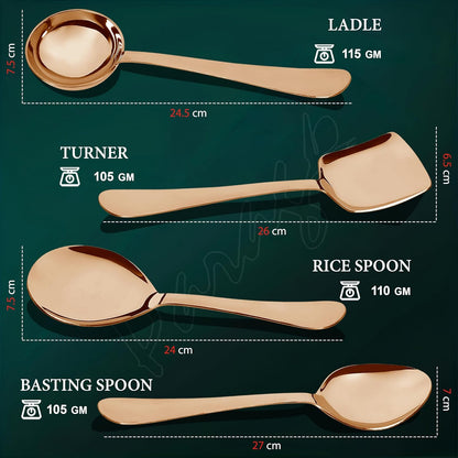 4 Pcs Stainless Steel Rose Gold Serving Spoon Set for Kitchen & Dining – 1.8mm Heavy Gauge, Soup Ladle, Solid & Rice Spoons (Pack of 4)