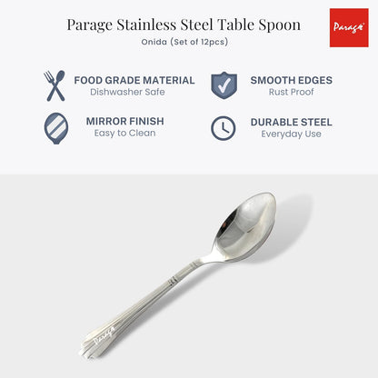 12 Pcs Stainless Steel Dinner Spoon Set | 15.5 cm Onida Line Table Spoons Silver