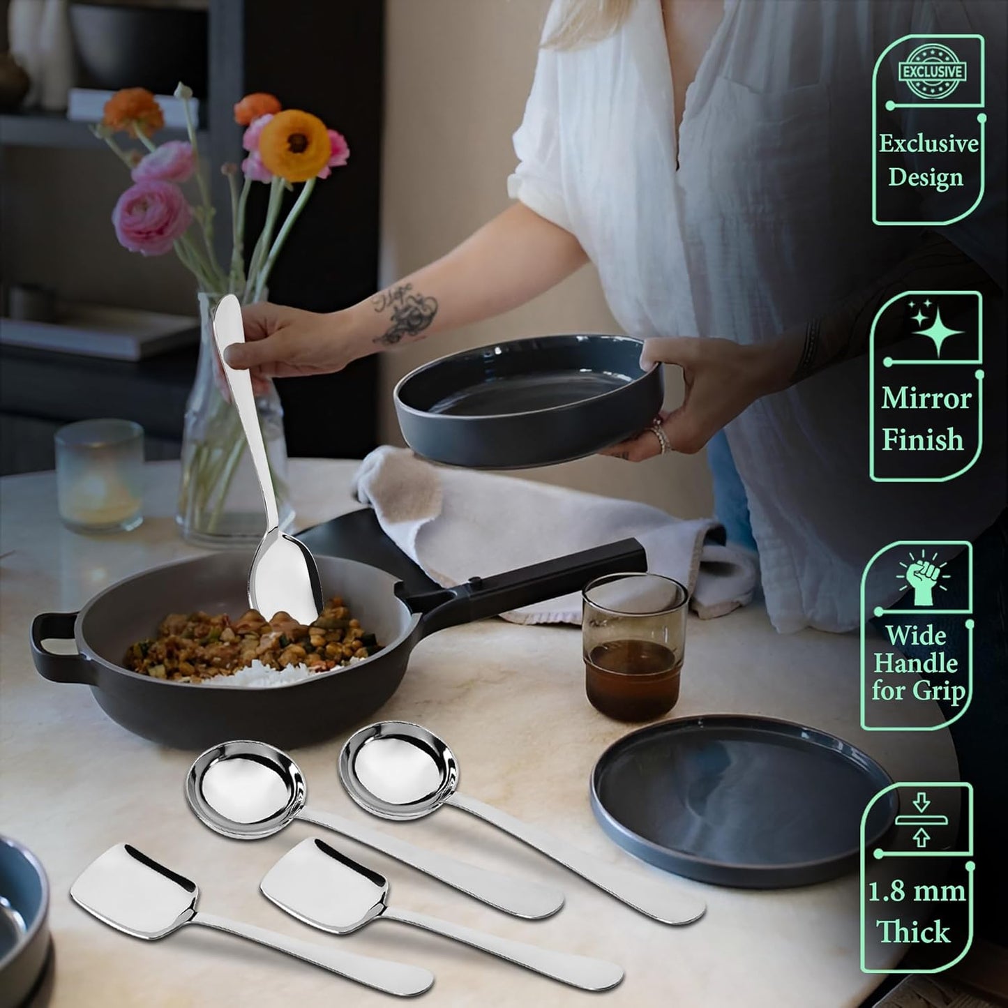6 Pcs Stainless Steel Serving Spoon Set for Kitchen & Dining – 1.8mm Heavy Gauge, 2 Soup Ladles, 2 Solid & 2 Rice Spoons, Silver