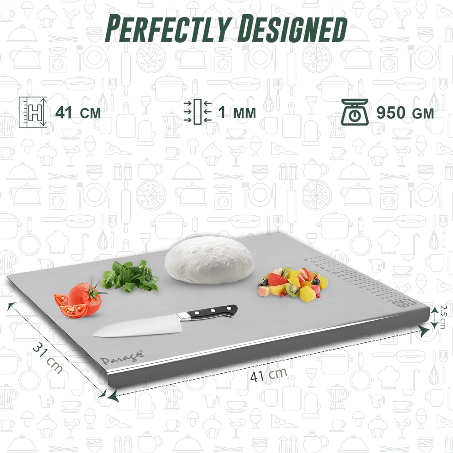 Stainless Steel Countertop Chopping Board with Lip – L-Shape 41x31 cm for Meat, Fruits, Vegetables, Heavy Duty, Rust-Free, Kitchen & Professional Use