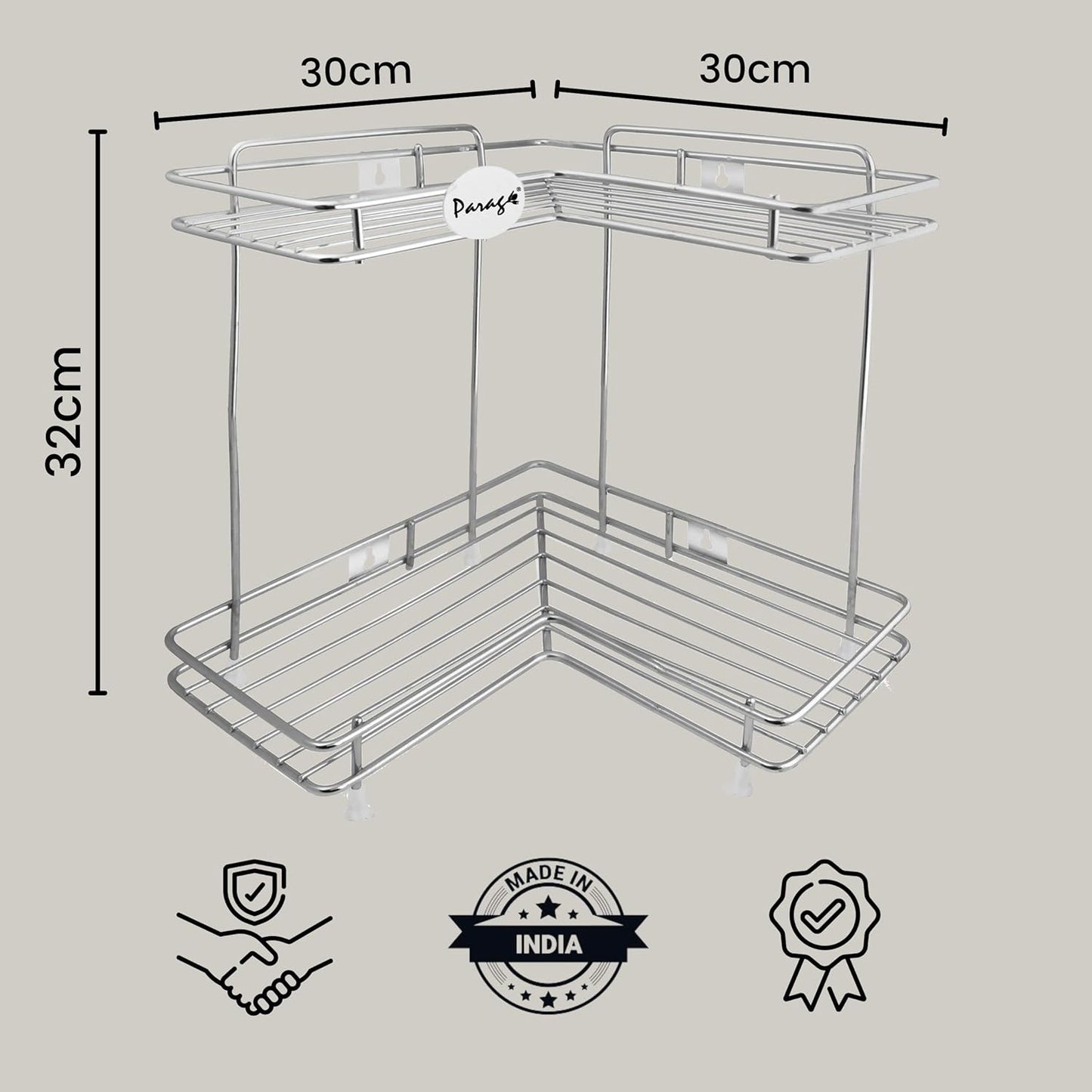 2 Tier Stainless Steel Corner Rack | L Shape Wall Mount Kitchen Shelf