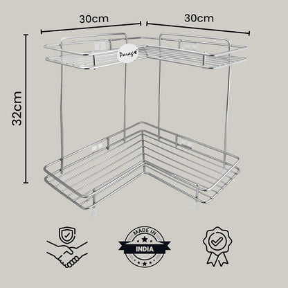 2 Tier Stainless Steel Corner Rack | L Shape Wall Mount Kitchen Shelf