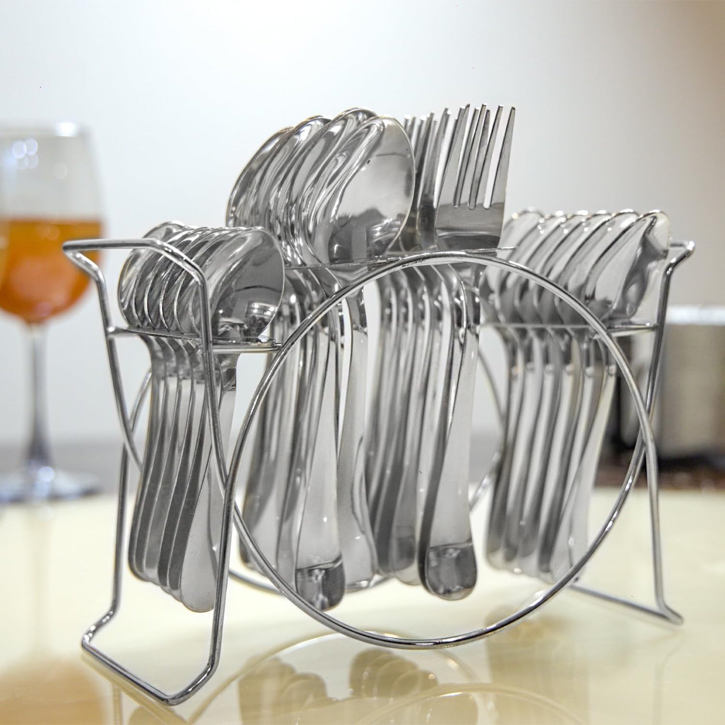 25pc Stainless Steel Aura Cutlery | Spoons Forks Stand | Silver