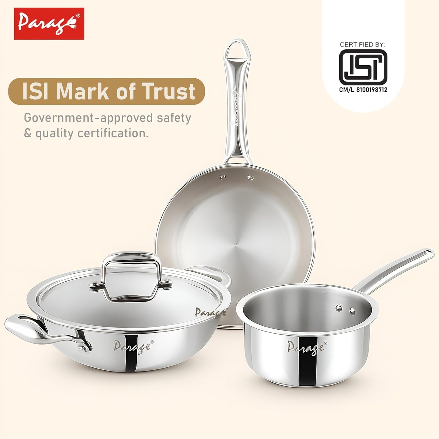 Stainless Steel Cookware Set – 24 cm Kadhai with Lid, 24 cm Frypan & 16 cm Saucepan, Induction & Gas Compatible, Even Heat, Dishwasher Safe, 5-Year Warranty