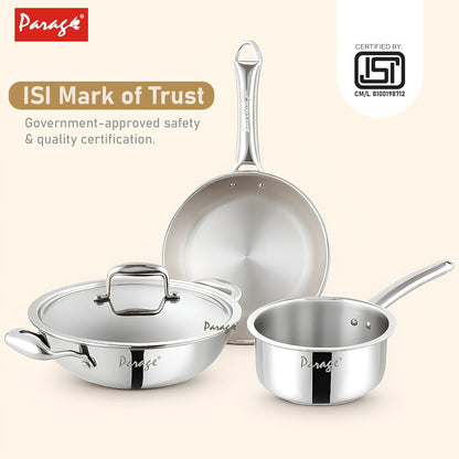 Stainless Steel Cookware Set – 24 cm Kadhai with Lid, 24 cm Frypan & 16 cm Saucepan, Induction & Gas Compatible, Even Heat, Dishwasher Safe, 5-Year Warranty