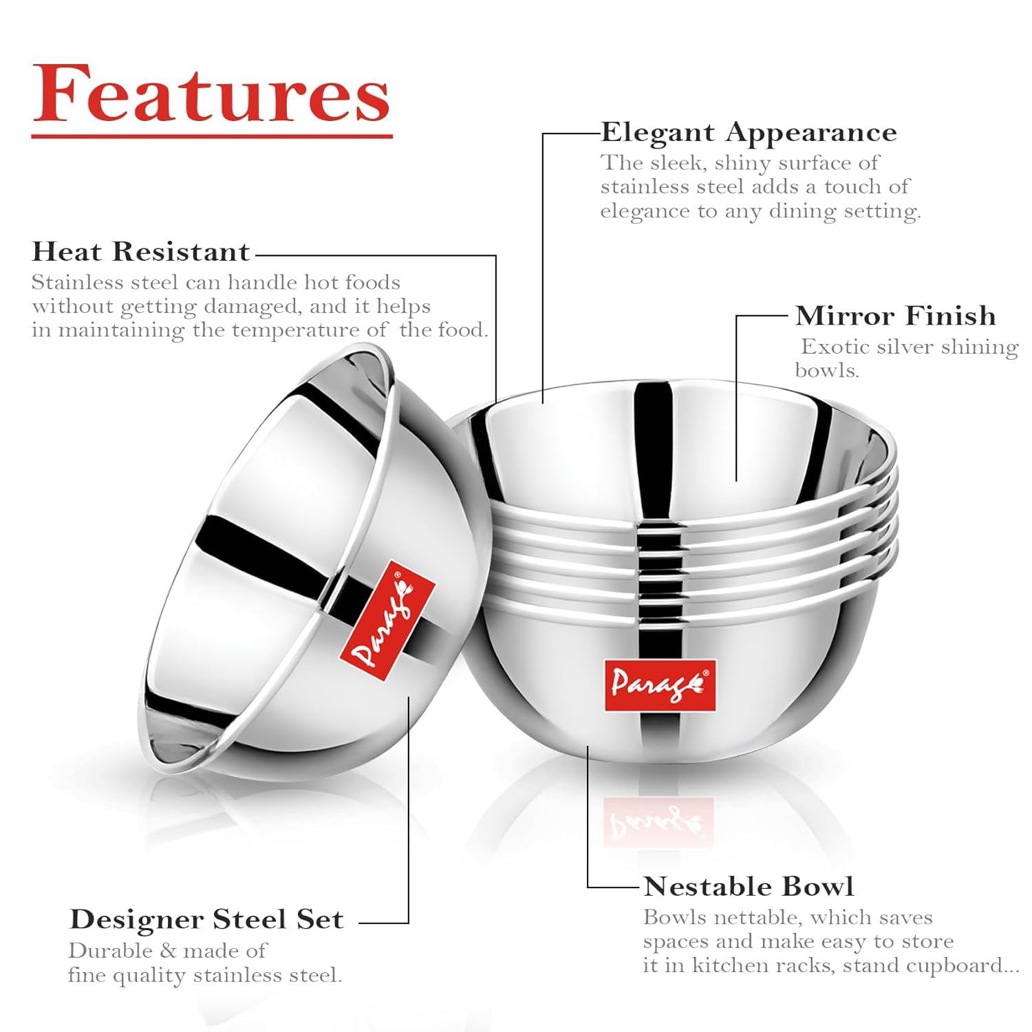 6 Pcs Stainless Steel Bowls/Katori/Wati - Heavy Gauge, Mirror Finish, 220 ml Each, Silver Set6PCVBOWL5.51 4