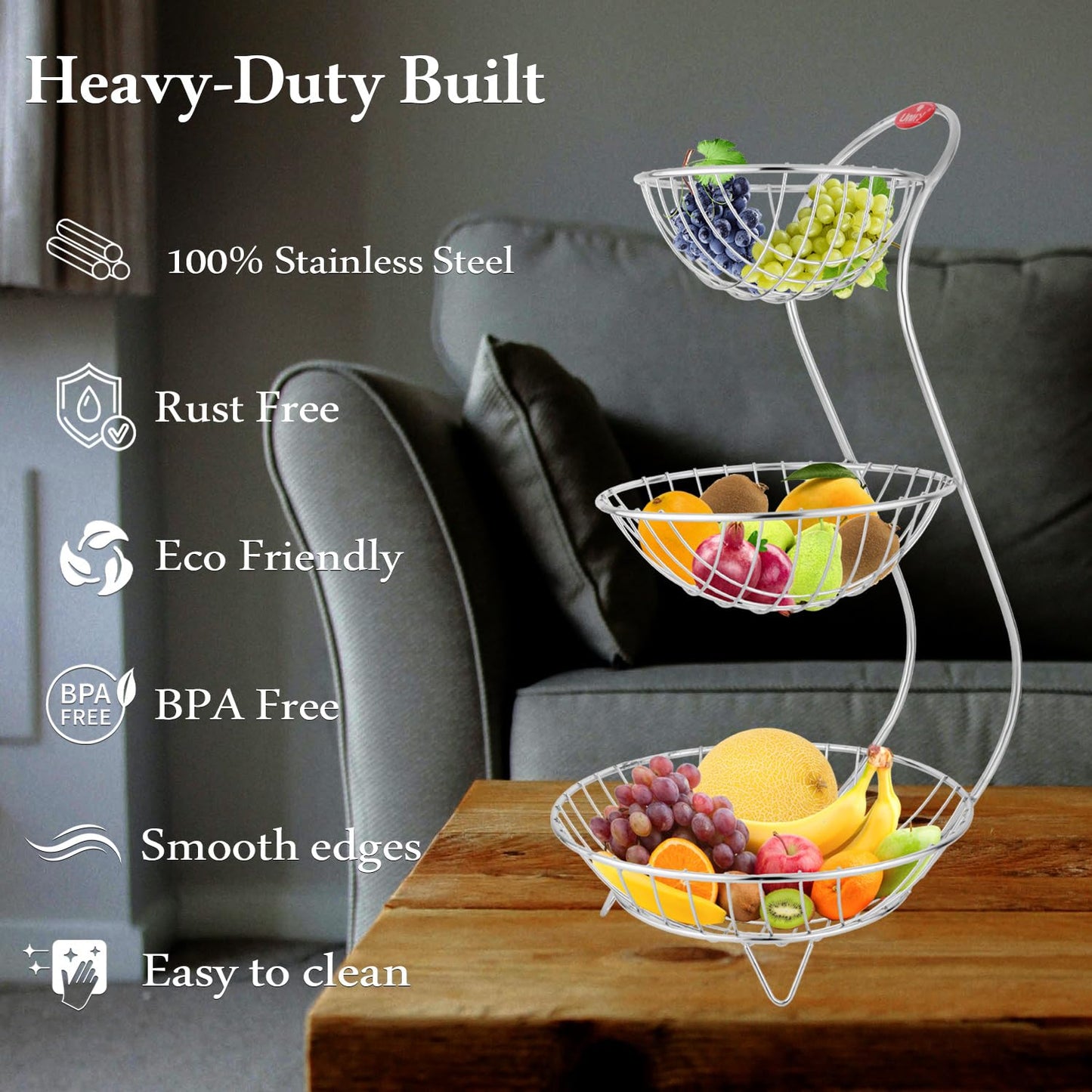 Stainless Steel 3 Tier Fruit Basket for Kitchen & Dining Table | Fruit & Vegetable Storage Rack, Silver