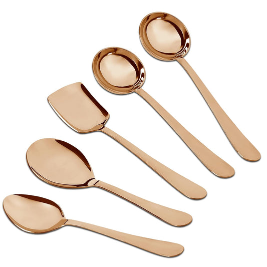 5 Pcs Stainless Steel Serving Spoon Set for Kitchen & Dining – 1.8mm Heavy Gauge, Soup Ladle, Solid & Rice Spoons, Steel Rose (Pack of 5)