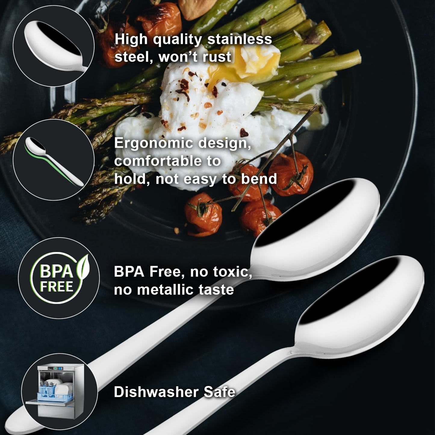 Stainless Steel Dinner Spoon Set of 12 | 16 cm Silver Spoons for Home & Kitchen | Sigma Design