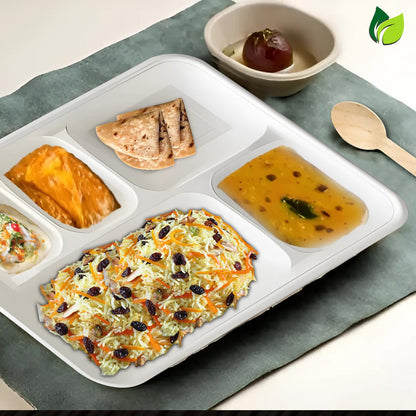 25pc 5-Compartment Bagasse Meal Trays | Eco-Friendly | White