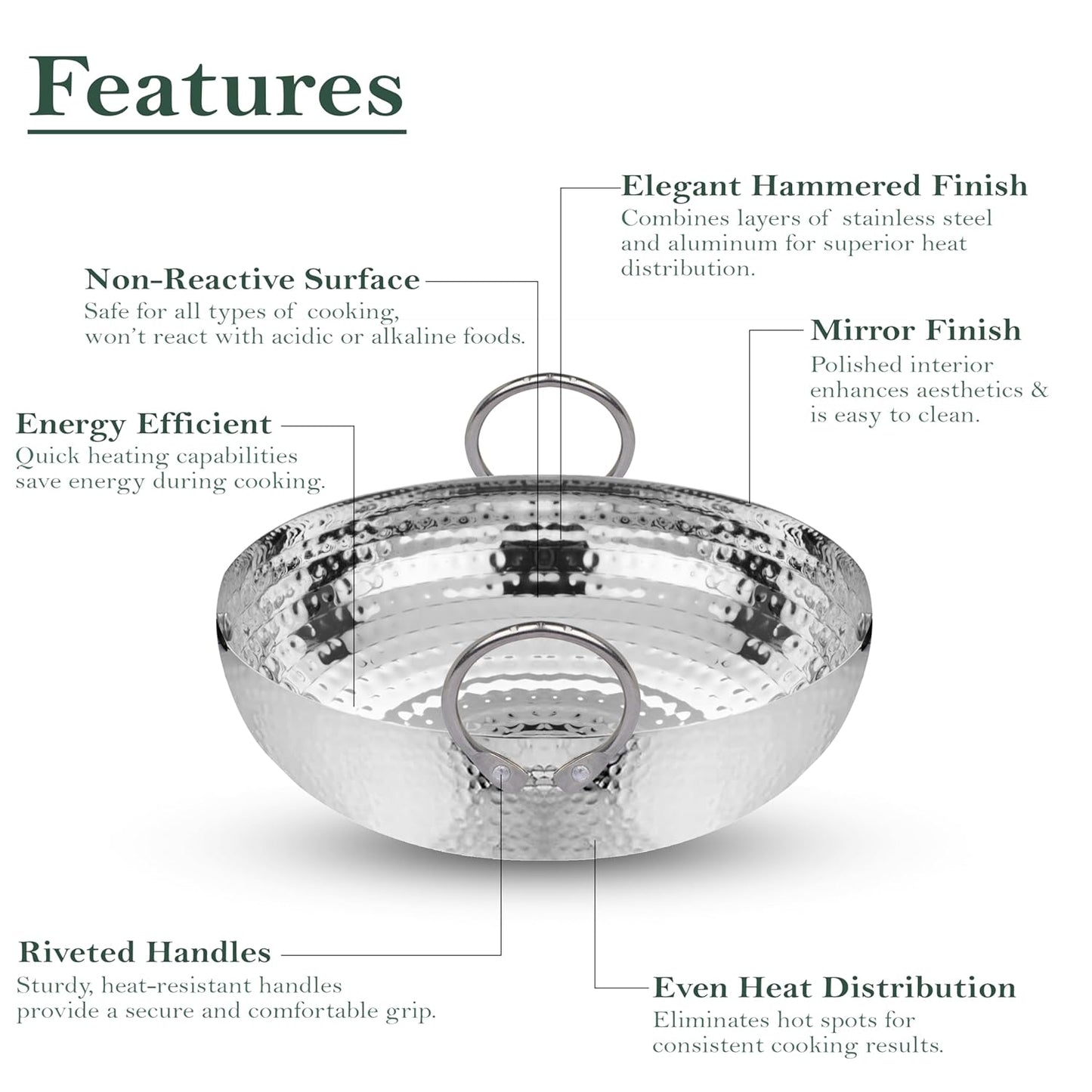 1 Pc Stainless Steel Hammered Kadhai – 1.2 L Heavy Bottom for Cooking & Deep Frying, Gas Stove Friendly, Silver