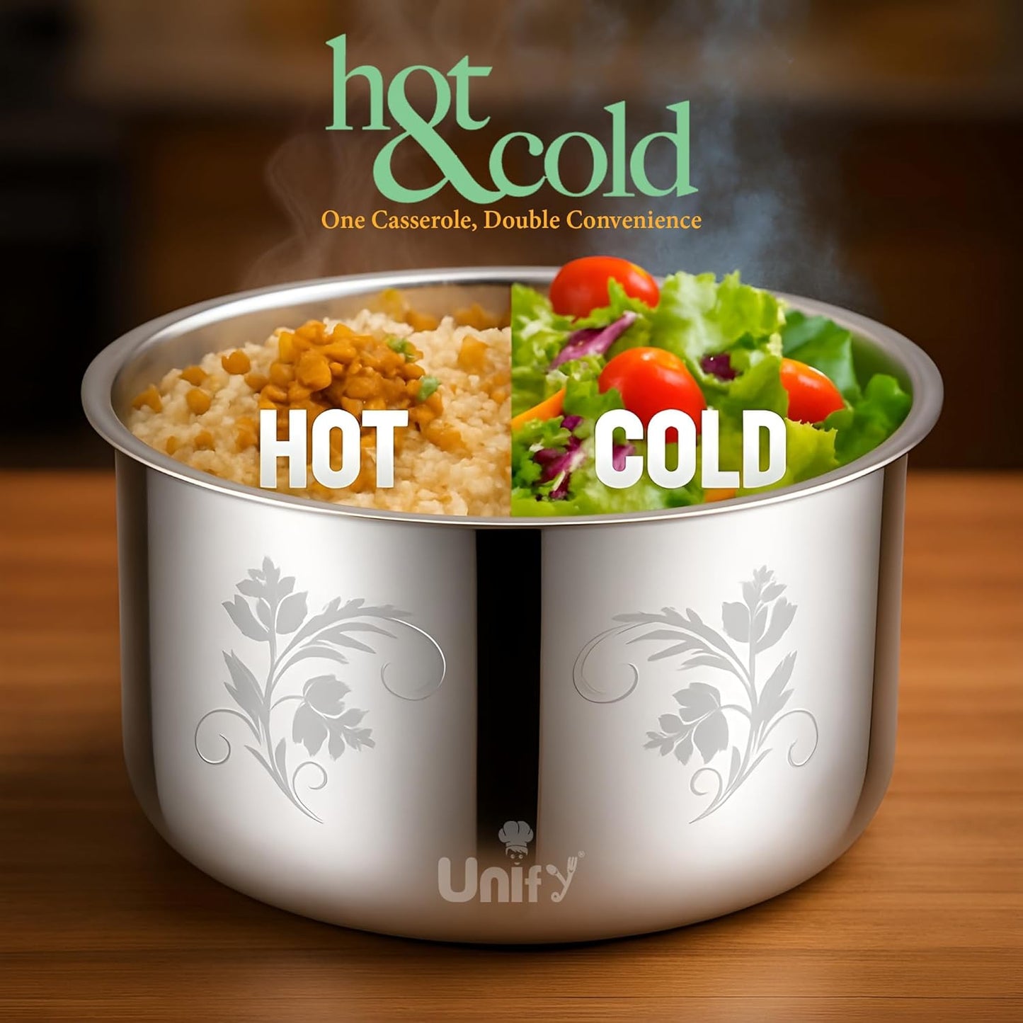 Stelo Stainless Steel Insulated Casserole 2200ml | Floral Design Hot Pot | PVD Gold Handle, Silver