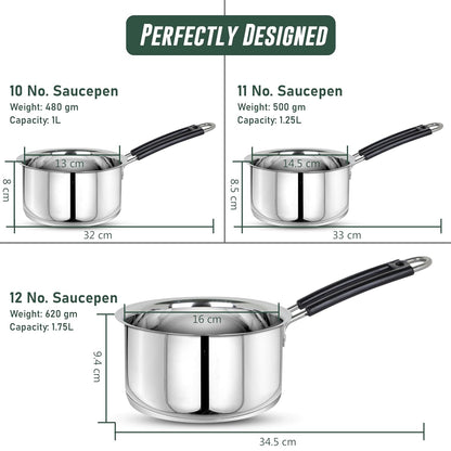 3pc Stainless Steel Saucepan Set | 1L 1.25L 1.75L | Silver