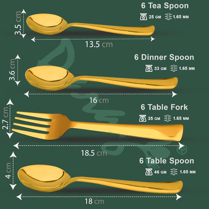 25 Pieces PVD Gold Luxury Stainless Steel Sapphire Golden Cutlery Set – Includes 6 Tea Spoons, 6 Dinner Spoons, 6 Table Forks, 6 Table Spoons, 1 Stand, Perfect for Home & Gifting