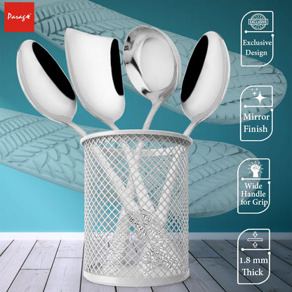 Stainless Steel Serving Spoon Set of 4 | Heavy Gauge Kitchen & Dining Spoons | Ladle, Solid & Rice Spoons, Silver