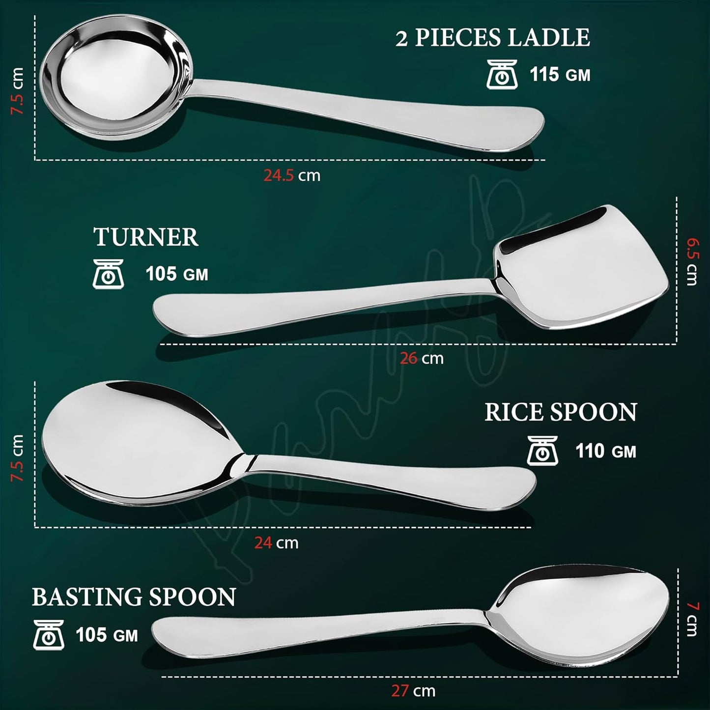 5 Pcs Stainless Steel Serving Spoon Set for Kitchen & Dining – Heavy Gauge 1.8mm, Soup Ladle, Solid, Rice & Basting Spoons, Silver