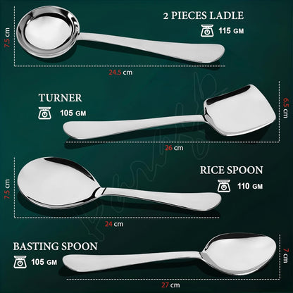 5 Pcs Stainless Steel Serving Spoon Set for Kitchen & Dining – Heavy Gauge 1.8mm, Soup Ladle, Solid, Rice & Basting Spoons, Silver