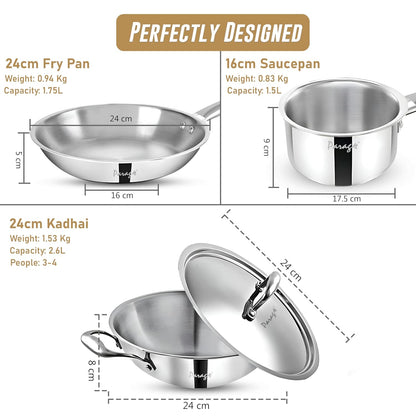 Stainless Steel Cookware Set – 24 cm Kadhai with Lid, 24 cm Frypan & 16 cm Saucepan, Induction & Gas Compatible, Even Heat, Dishwasher Safe, 5-Year Warranty