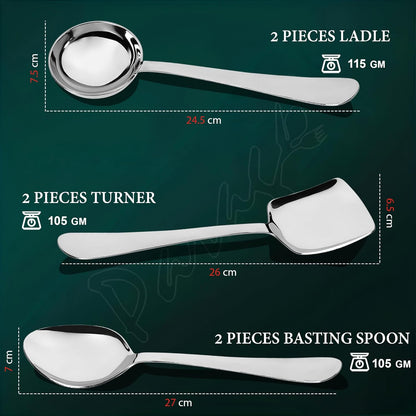 6 Pcs Stainless Steel Serving Spoon Set for Kitchen & Dining – 1.8mm Heavy Gauge, 2 Soup Ladles, 2 Solid & 2 Rice Spoons, Silver