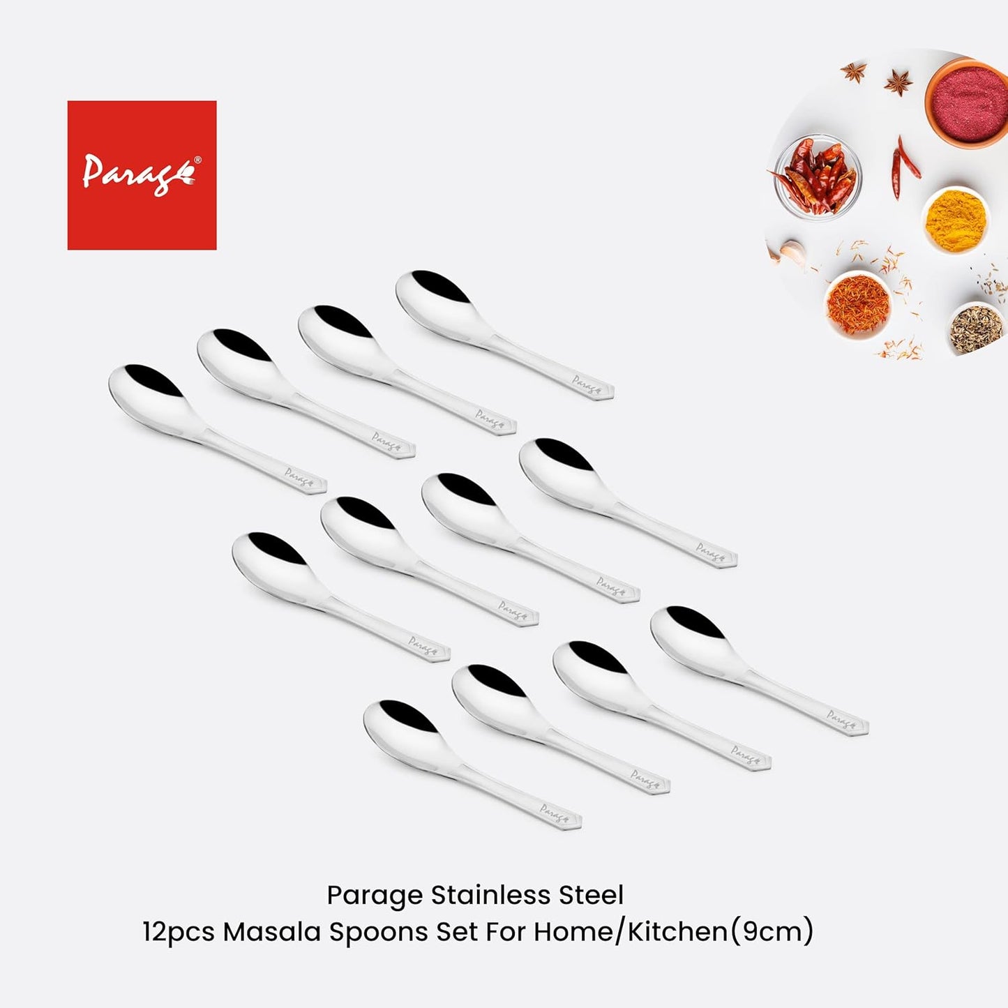 12 Pcs Stainless Steel Small Spoon Set | 9 cm Mini Masala & Spice Spoons