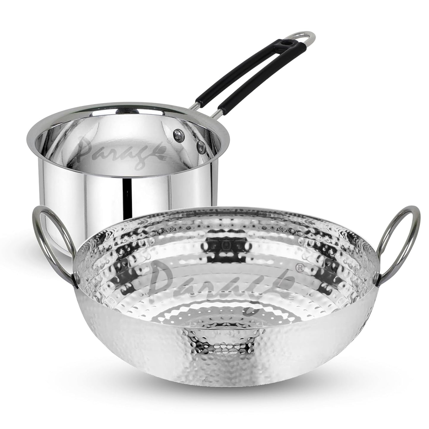 2 Pcs Stainless Steel Hammered Kadhai & Saucepan Set – Heavy Bottom for Cooking & Deep Frying, Gas Stove Friendly, Capacities 1.2 L & 1 L, Silver