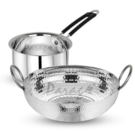 2 Pcs Stainless Steel Hammered Kadhai & Saucepan Set – Heavy Bottom for Cooking & Deep Frying, Gas Stove Friendly, Capacities 1.2 L & 1 L, Silver