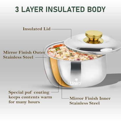 Metra Stainless Steel Insulated Casserole 3000ml | PVD Gold Handle Hot Pot | Keeps Food Hot & Fresh