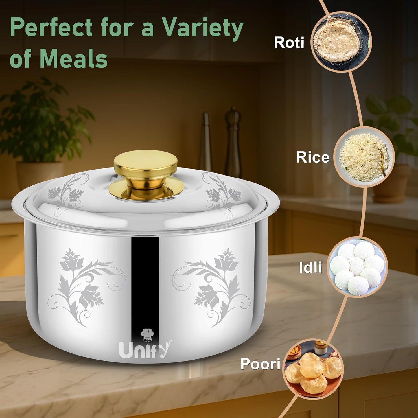 Stelo Stainless Steel Insulated Casserole 1600ml | Floral Design Hot Pot | PVD Gold Handle, Silver