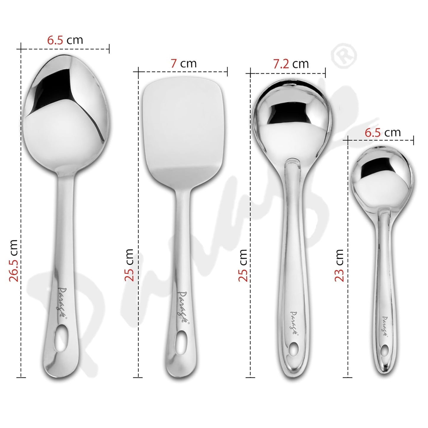 4 Pieces Stainless Steel Kitchen Tools Set for Cooking & Serving – Includes Serving Spoon, Turner, Basting Spoon, Rice Spoon, Silver Finish (26.5 cm, 25 cm x2, 23 cm)