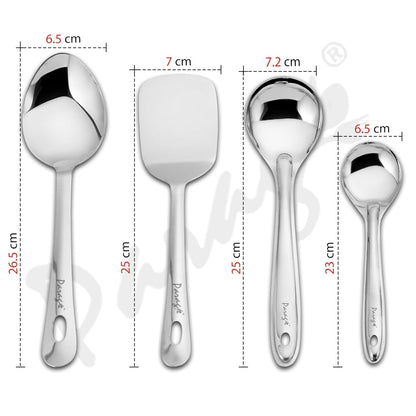 4 Pieces Stainless Steel Kitchen Tools Set for Cooking & Serving – Includes Serving Spoon, Turner, Basting Spoon, Rice Spoon, Silver Finish (26.5 cm, 25 cm x2, 23 cm)
