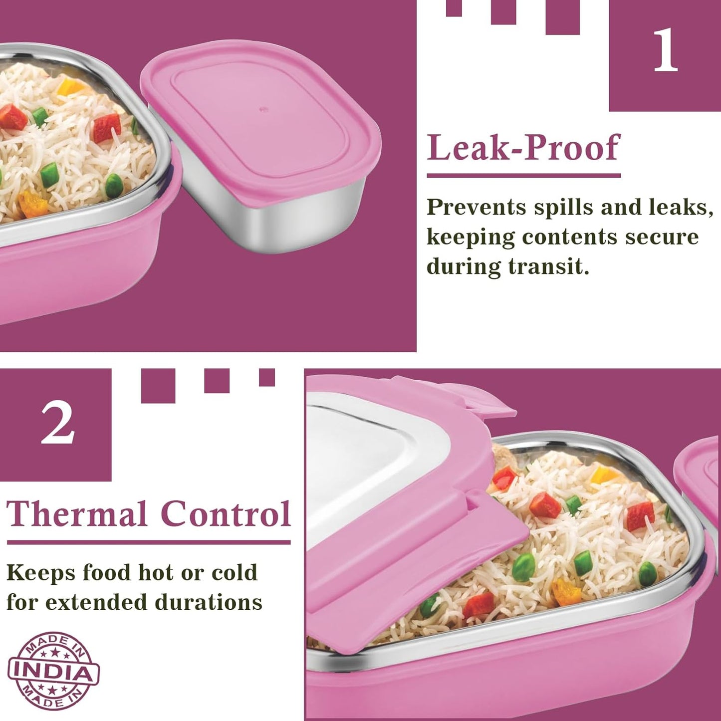 Stainless Steel Insulated Airtight Lunch Box with Unbreakable Lid, Leak-Proof Tiffin for Kids & Office (800 ml, Pink)
