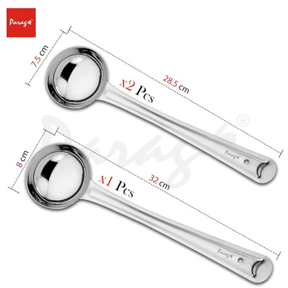 3 Pcs Stainless Steel Ladle Set for Kitchen Cooking & Serving – Karchi/Soup Ladle/Kalchun, Silver, Sizes 12.5” x1 & 11” x2