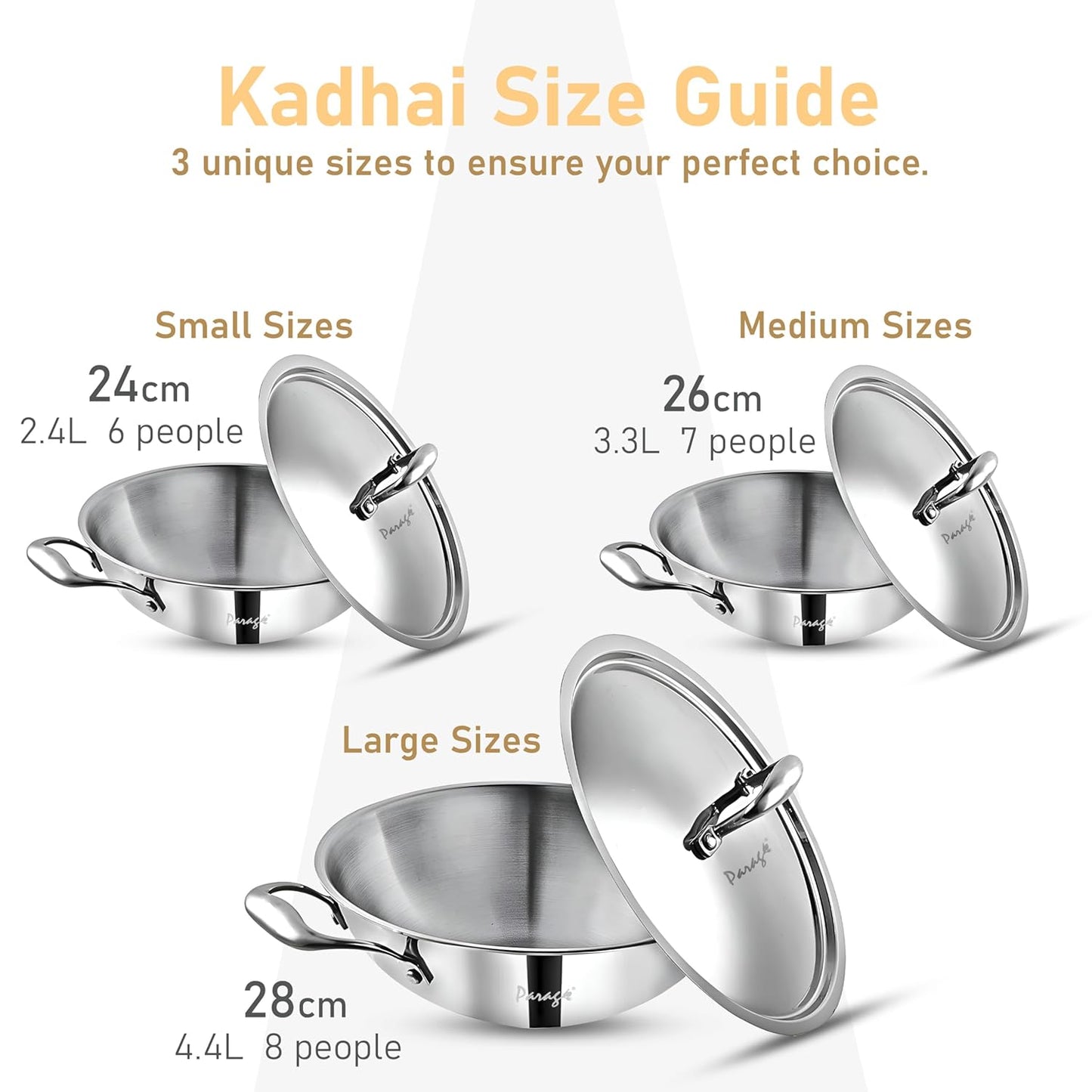 Tripure Triply Stainless Steel Kadai with Lid 24 cm, 2.6 Litre | Heavy Bottom Kadhai for Deep Frying & Cooking | Induction & Gas Stove Compatible (5 Years Warranty)