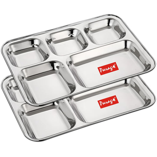 6pc Stainless Steel 3-Compartment Thali | Dinner Plate | Silver